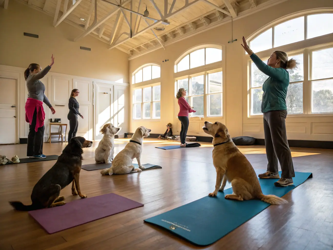 An image depicting a dog trainer conducting a class, with digital marketing elements subtly integrated, such as online booking platforms and social media promotions.