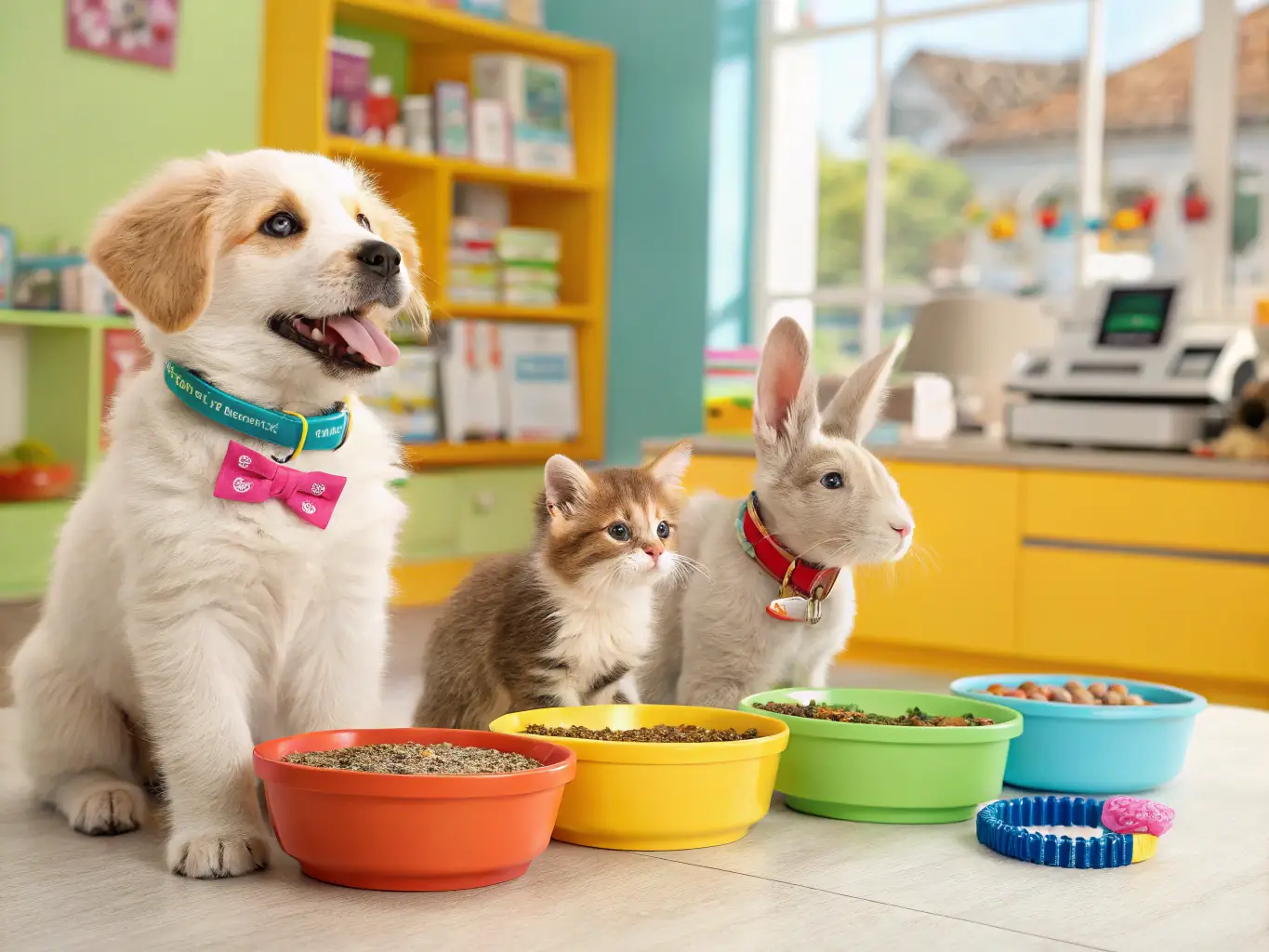 A vibrant image of a pet store with customers browsing, combined with digital marketing visuals like online sales promotions and social media engagement.