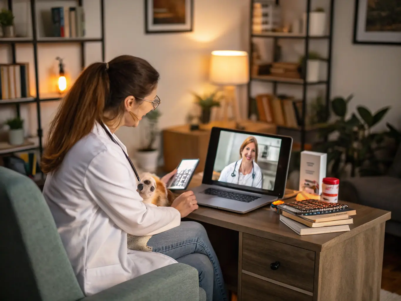 A visually appealing image showcasing a veterinarian interacting with a pet owner, with subtle digital marketing elements overlaid, such as social media icons and ad campaign visuals.