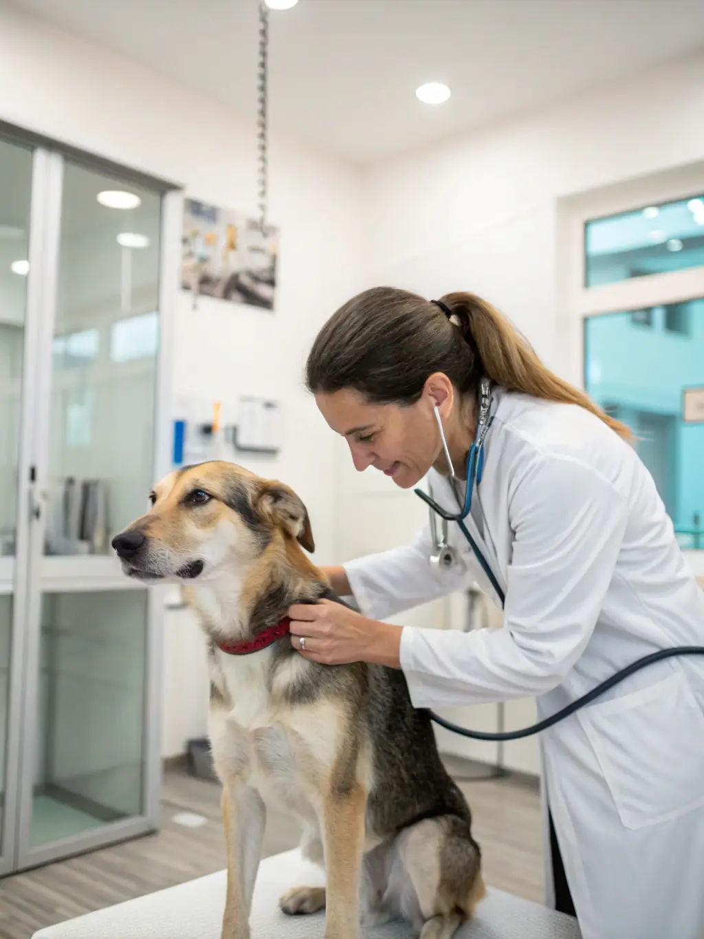 A professional veterinarian smiling and interacting with a dog, with subtle digital marketing icons overlaid, representing Animal Marketing's industry focus.